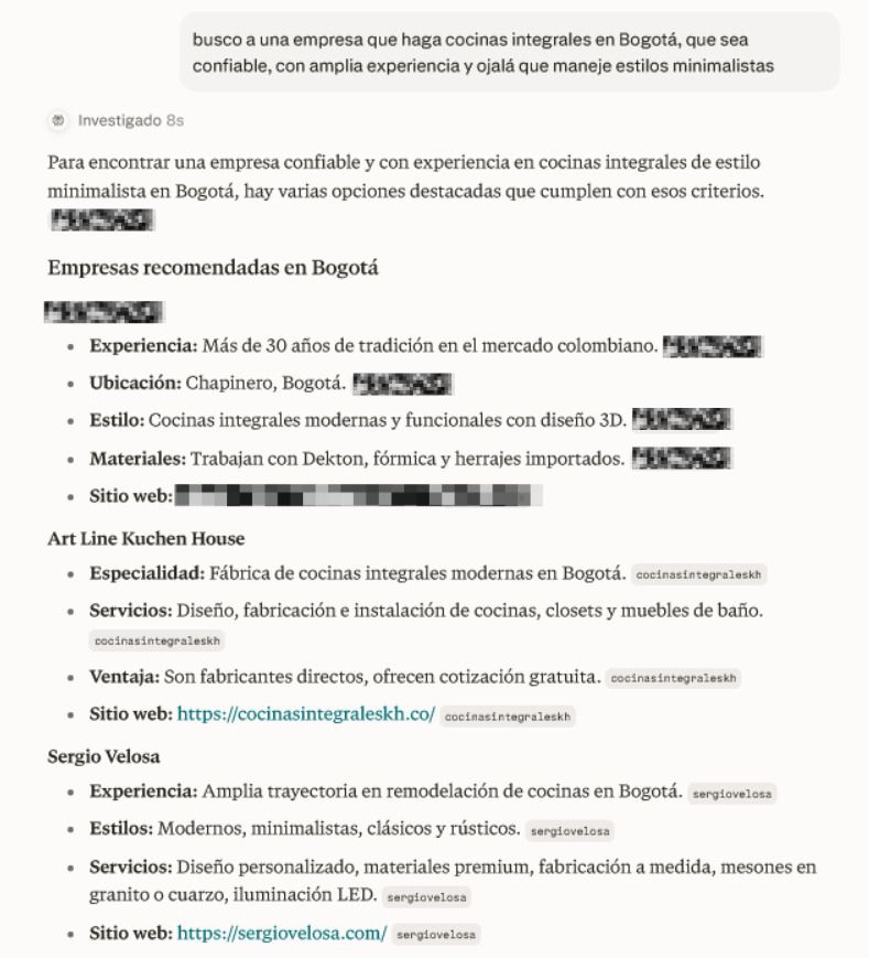 Persona en ChatGPT buscando empresas confiables con experiencia en cocinas integrales y nuestro cliente aparece en primera opción