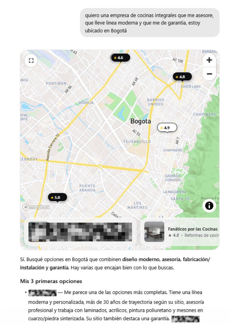 ChatGPT da como resultado vista de mapa a una búsqueda de asesor de cocinas integrales en Bogotá. Nuestro cliente es el primero en la lista.
