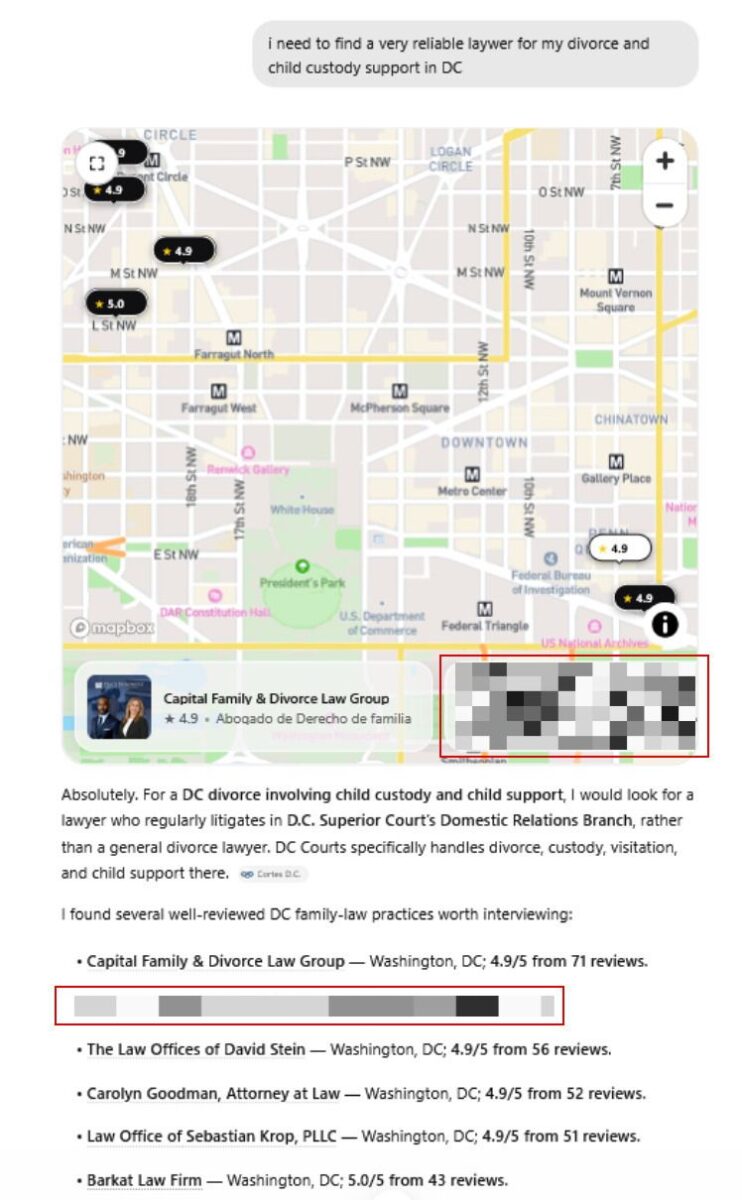 ChatGPT muestra un mapa respondiendo a la consulta "necesito un abogado confiable para mi divorcio y soporte de custodia infantil en DC", con despachos de derecho de familia en Washington D.C.