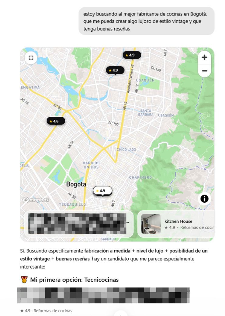 Vista de mapa de ChatGPT para una consulta de estilo vintage y buenas reseñas, con el negocio que sale como primera opción en la respuesta