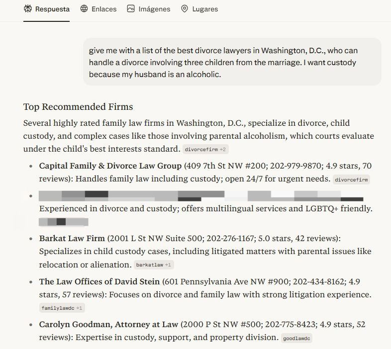 Esta busqueda se hizo en Perplexity y muestra firmas de derecho de familia en Washington D.C. para un caso de custodia con antecedentes de alcoholismo, donde el abogado sale en primeros puestos